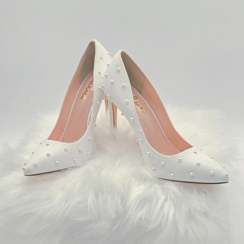 Lulus Pearl Pumps Womens 8 White Excellent Pointed Toe Stiletto Feminine Heels